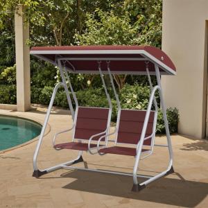 imageEAST OAK 2Person Outdoor Patio Swing Chair with Adjustable Canopy Porch Swing with Comfortable and Breathable Seats Independent Swing Chairs for Garden Balcony Backyard Charcoal BlackUpgrade Red