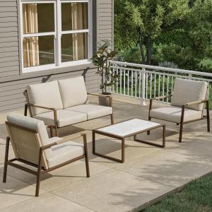 imageEAST OAK 4Piece Patio Furniture Set with Thick Cushions 2025 Coast Patio Conversation Set4 Seats Waterproof Outdoor Patio Set with Rattan Armrests Loveseat and Coffee Table for Backyard GreyApricot