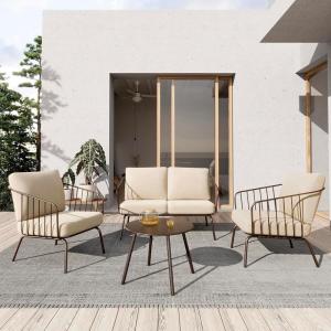imageEAST OAK 5Piece Montauk Modular Patio Furniture Set Outdoor Corner Sofa with Cushion and Glass Coffee Table Modern Patio Conversation Set for Garden Backyard and Porch Beige ampamp GreyBrown  Beige