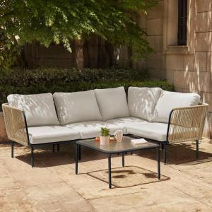 imageEAST OAK 5Piece Montauk Modular Patio Furniture Set Outdoor Corner Sofa with Cushion and Glass Coffee Table Modern Patio Conversation Set for Garden Backyard and Porch Beige ampamp GreyBeige  Grey