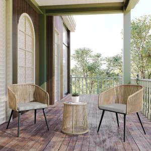 imageEAST OAK Breezeway Patio Furniture Set 3Piece Outside Bistro Set Handwoven Rattan Wicker Chairs with Waterproof Cushions Tempered Glass Table Outdoor Conversation Set for Porch Coffee ampamp BeigeBrown  Light Grey