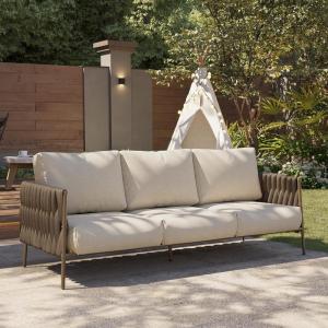 imageEAST OAK Life Chatter Patio Furniture Set Outdoor Furniture Corner Sofa Set with Round Coffee Table 5 Seats Sofa Deep Seating with Thick ampamp Washable Cushions Earth Black ampamp Misty GreyChestnut Brown  Creamy Apricot