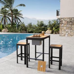 imageEAST OAK Signature 3Piece Outdoor Bar Set Patio Table and Chairs with Teak and Aluminum Outdoor Patio Furniture for 2 Outdoor High Top Table and Chairs Set for Garden Backyard and Pool Dark Grey3Piece Bar Set