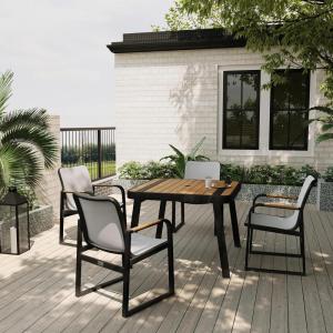 imageEAST OAK Signature 5 Pieces Outdoor Dining Set Patio Furniture Set with Finest Teak Wood PowderCoated Aluminum Frame Table and Teslin Fabric Chairs Patio Dining Set for Garden and Yard Dark Grey