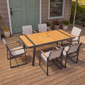 imageEAST OAK Signature 7 Pieces Outdoor Dining Set Patio Furniture Set with Finest Teak Wood PowderCoated Aluminum Frame Table and Teslin Fabric Chairs Patio Dining Set for Garden and Yard Dark Grey7Piece Dining Set