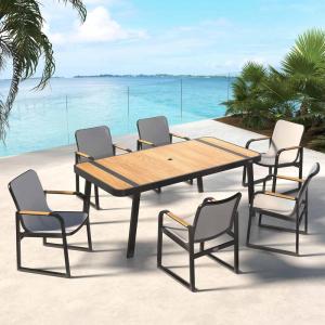 imageEAST OAK Signature 7 Pieces Outdoor Dining Set Patio Furniture Set with Finest Teak Wood PowderCoated Aluminum Frame Table and Teslin Fabric Chairs Patio Dining Set for Garden and Yard Dark Grey7Piece Dining Set 2025 Upgraded