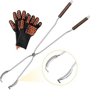 imageEAST OAK 2 in 1 Fire Pit Tongs and Hook 36 Poker Firepit Tools for Wood Fireplaces Bonfires Outdoor Fire Rings Patio and Camping Accessories with 13quot Heat Resistant Gloves 304 Stainless SteelFire Pit Tongs  Hook