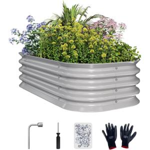 imageEAST OAK Galvanized Raised Garden Bed Kit 4 x 2 x 1ft Oval Metal Planter Boxes Outdoor with AntiRust Coating Sturdy Raised Garden Bed for Water Trough Vegetables Gardening Whisper WhiteModern Grey