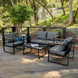 imageEAST OAK Patio Furniture Set 4Piece Outdoor Patio Set with Sofa Removable ampamp Washable Deep Seating Cushion Tempered Glass Table Outside Patio Conversation Sets25 Upgraded Black ampamp Dark Grey
