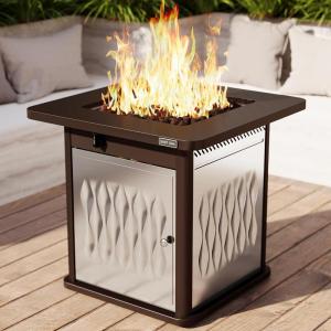 imageEAST OAK 32 Propane Fire Pit Table 50000 BTU Steel Gas FirePit for Outdoor Outside Patio Deck and Garden CSA Certified Fire Table with Magnetic Lid CoverStorage Basket and Lava Rock  BlackBrown  Silver