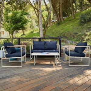 imageEAST OAK Courtyard Patio Furniture Set 4Piece Outdoor Patio Set with Sofa Removable ampamp Washable Deep Seating Cushion Tempered Glass Table Outside Patio Conversation Sets Black ampamp GreyCourtyardivory White  Navy Blue