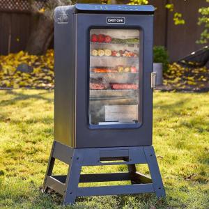 imageEAST OAK 30 Electric Smoker for Outdoors  Builtin Meat Probe Up to 6 Longer Smokes on a Single Load  Side Chip Loader for Smoking  Bigger Batches with 725 sq in Cooking Area Mist SilverDark Blue  Glass Door