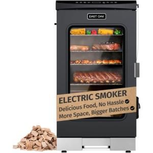 imageEAST OAK 30 Electric Smoker for Outdoors  Builtin Meat Probe Up to 6 Longer Smokes on a Single Load  Side Chip Loader for Smoking  Bigger Batches with 725 sq in Cooking Area Mist SilverNight Blue  Glass Door